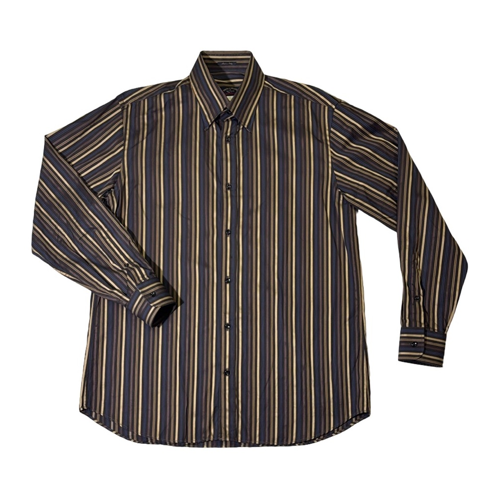 Paul & Shark mens m Medium brown gold stripe button up casual yachting shirt EUC